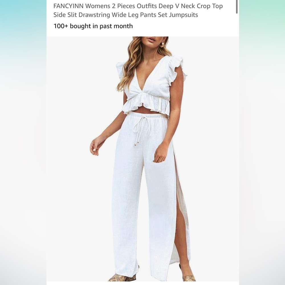 2 Piece Ruffle Crop Top, Slit Pants - White